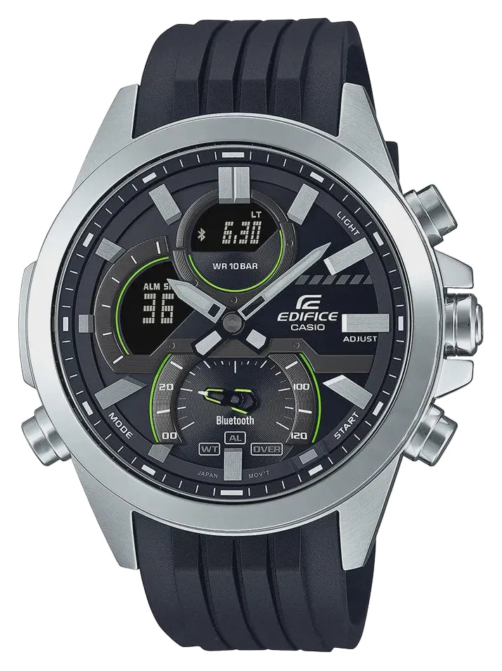 Casio Edifice ECB-30P-1AEF quartz solar chronograph watch with black dial, stainless steel case, and black resin strap, front view
