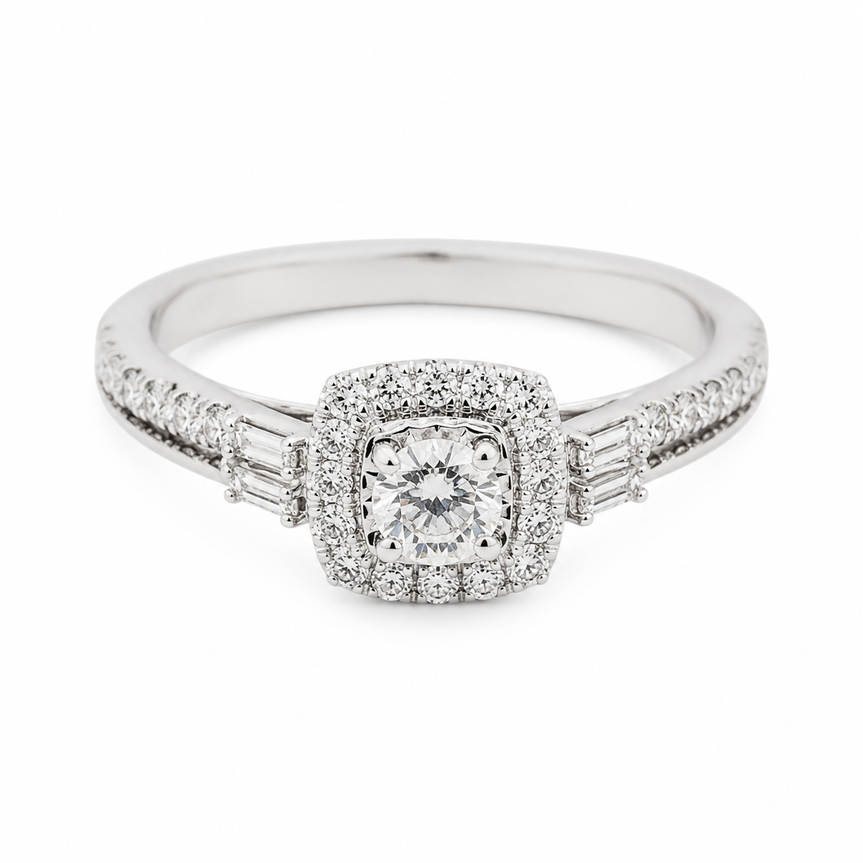 9ct White Gold Cushion Cut Side Bagguette Diamond Ring 1102189