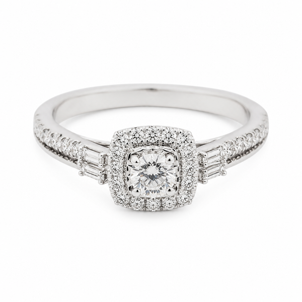 9ct White Gold Cushion Cut Side Bagguette Diamond Ring 1102189