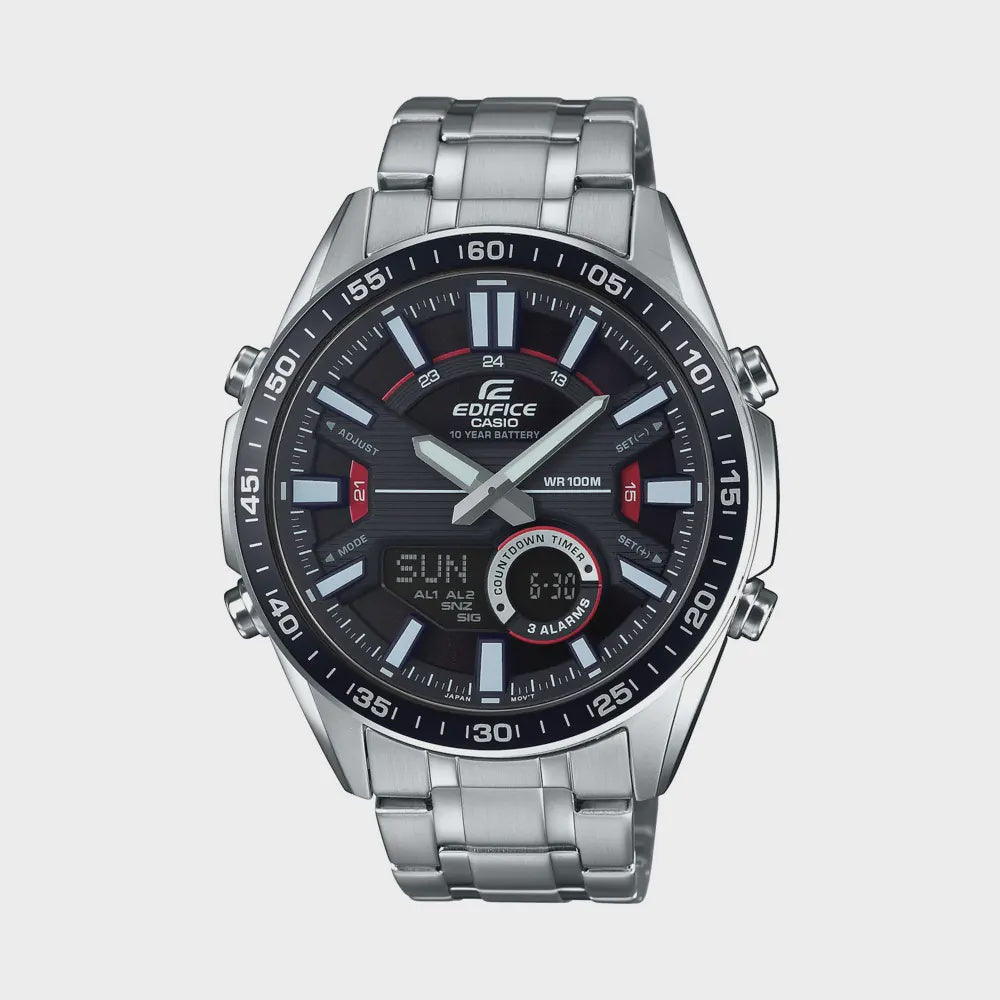 Casio Edifice EFV-C100D-1AVDF quartz chronograph watch with black dial, stainless steel bracelet, and world time function