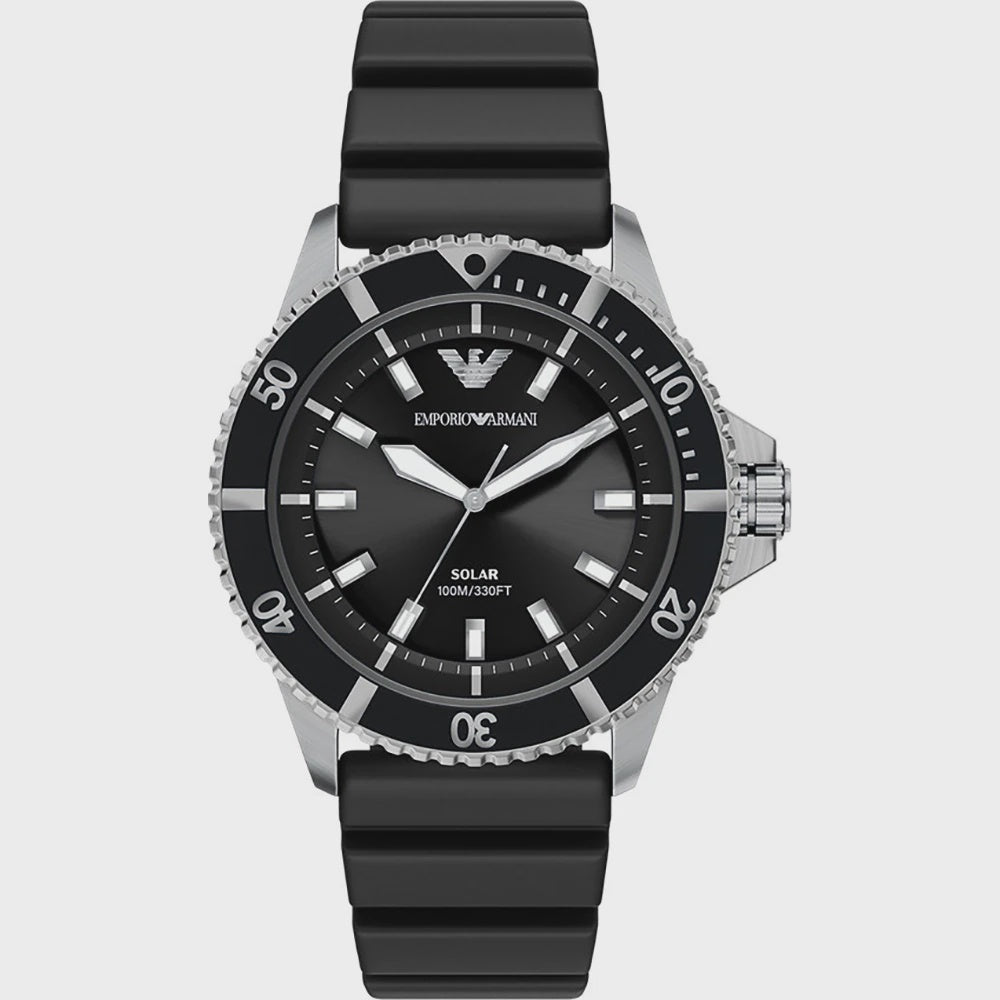 Emporio Armani World Explorer AR11788 solar-powered dive watch with black dial, stainless steel case, rotating bezel, and black silicone strap