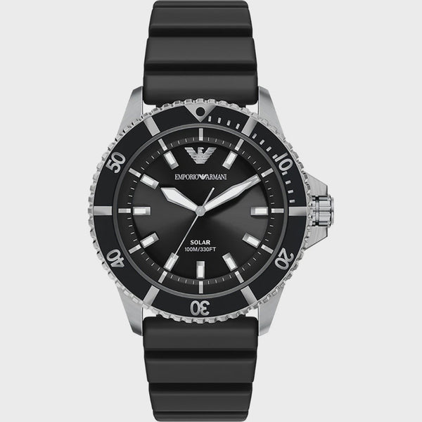 Emporio Armani World Explorer AR11788 solar-powered dive watch with black dial, stainless steel case, rotating bezel, and black silicone strap