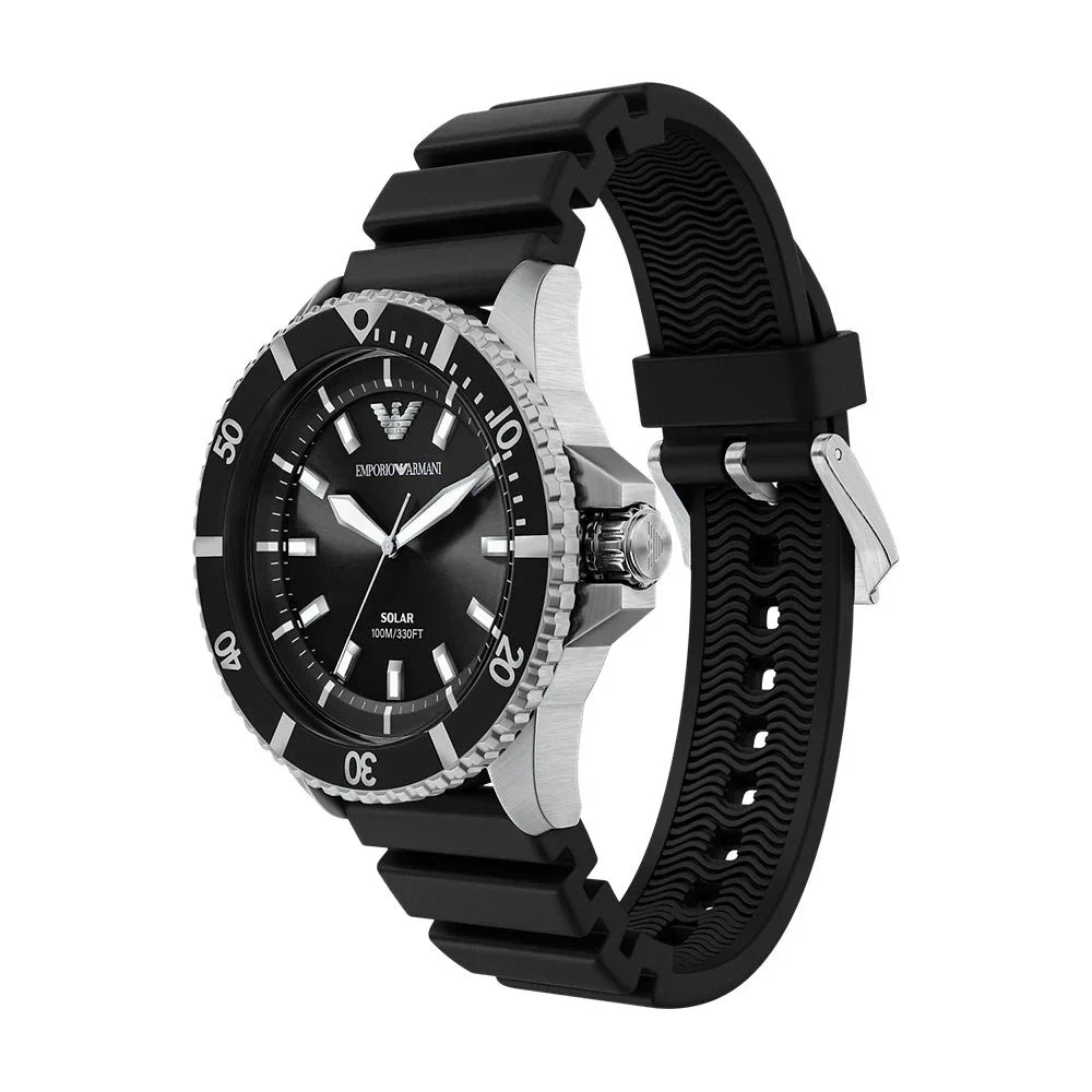 Emporio Armani World Explorer Solar-Powered Diver Black Dial Stainless Steel Watch (AR11788)