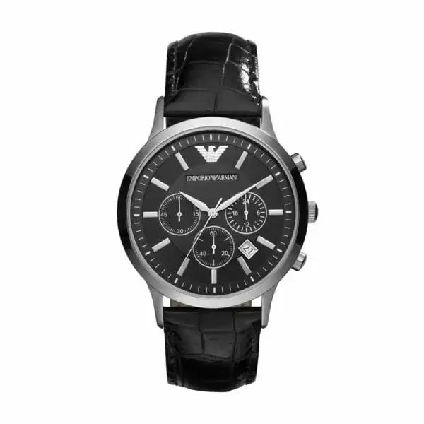Emporio Armani Renato AR2447 chronograph watch with black dial, stainless steel case, and embossed black leather strap