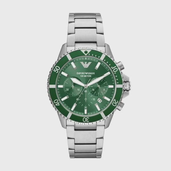 Emporio Armani AR11500 men's chronograph watch with green sunray dial, unidirectional rotating bezel, and recycled stainless steel bracelet