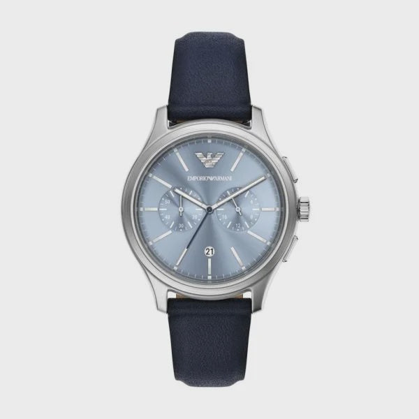 Emporio Armani AR11747 Dario quartz chronograph watch with blue sunray dial, 42mm stainless steel case, and blue leather strap