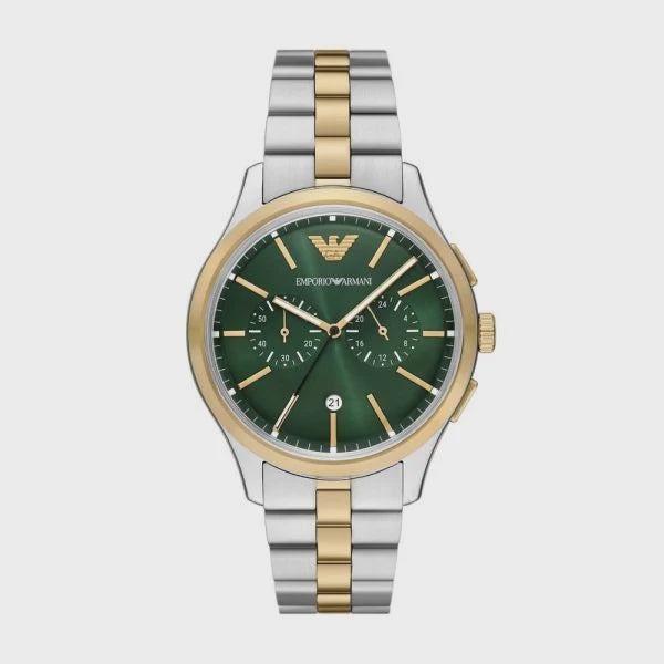 Emporio Armani AR11692 green dial chronograph watch with two-tone stainless steel and rose gold bracelet on white background