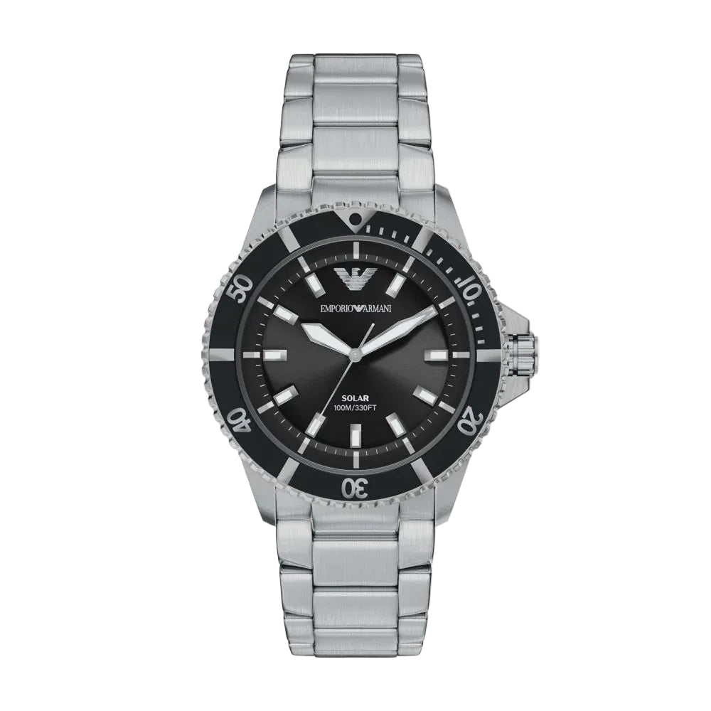 Emporio Armani World Explorer AR11787 solar-powered diver watch with 42mm stainless steel case, black sunray dial, rotating bezel, and integrated steel bracelet