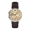 Emporio Armani Archetipo AR11783 quartz watch with 43mm stainless steel case, gold textured dial, date window, and brown embossed leather strap