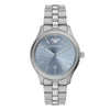 Emporio Armani AR11748 quartz watch with blue sunburst dial and stainless steel bracelet displayed on white background