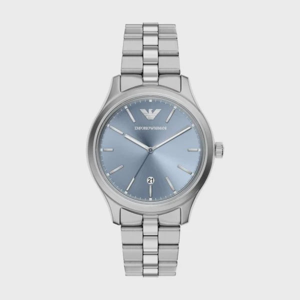 Emporio Armani AR11748 quartz watch with blue sunburst dial and stainless steel bracelet displayed on white background