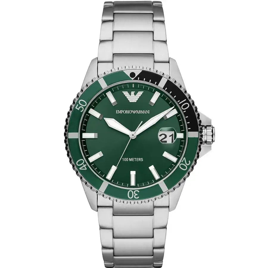 Emporio Armani Diver AR11338 Men's Watch, full face view, highlighting the 42mm stainless steel case and vibrant green sunray dial with date window.