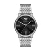 Emporio Armani Luigi AR11600 quartz watch with 42mm stainless steel case, black sunray dial with Roman numerals, date function, and five-link steel bracelet