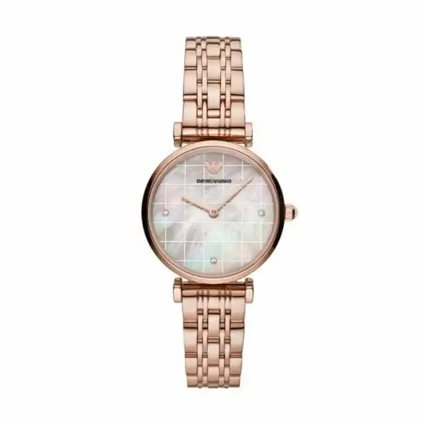 Emporio Armani Gianni T-Bar AR11385 ladies quartz watch with white mother-of-pearl mosaic dial and rose gold-tone stainless steel bracelet