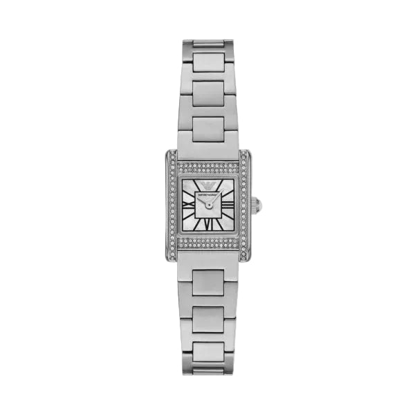 Emporio Armani Genni AR11662 women's quartz watch with mother-of-pearl dial, crystal-set rectangular case, and stainless steel bracelet