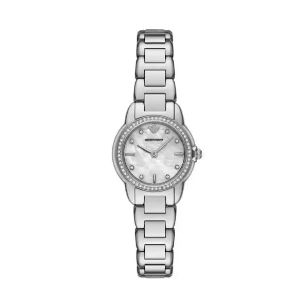 Emporio Armani AR11669 ladies quartz watch with 26mm stainless steel case, white mother-of-pearl dial, crystal-set bezel, and polished steel bracelet