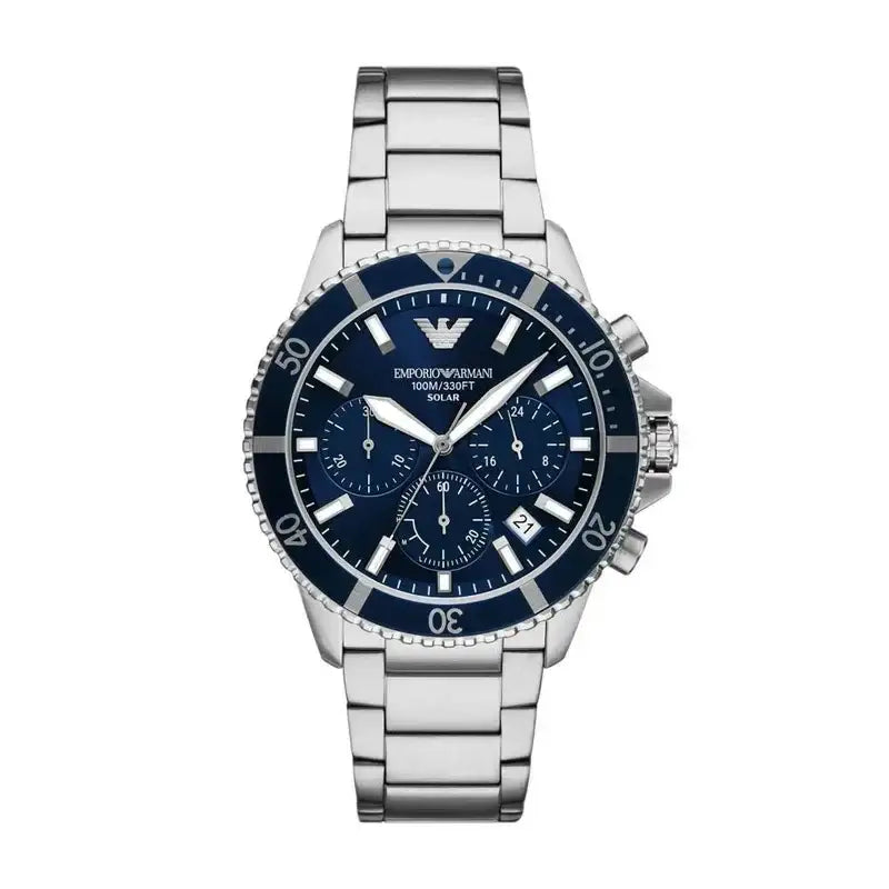 Emporio Armani World Explorer AR11681 Solar Chronograph Watch, full face view, showing the blue sunray dial, silver stainless steel hands, and chronograph sub-dials.