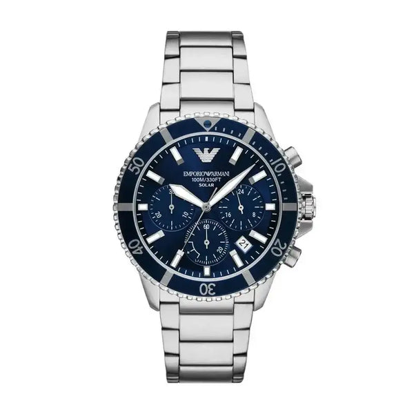 Emporio Armani World Explorer AR11681 Solar Chronograph Watch, full face view, showing the blue sunray dial, silver stainless steel hands, and chronograph sub-dials.