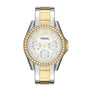 Fossil Riley ES3204 multifunction quartz watch with two-tone stainless steel bracelet, crystal bezel, and silver dial