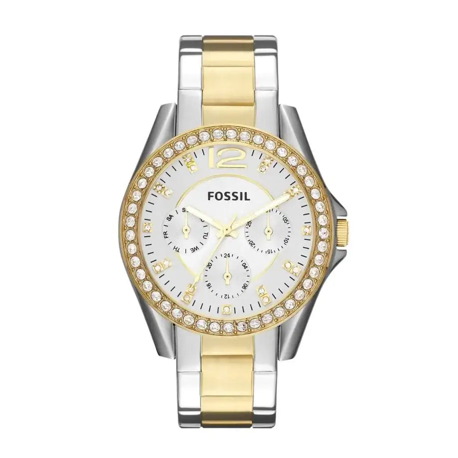 Fossil Riley ES3204 multifunction quartz watch with two-tone stainless steel bracelet, crystal bezel, and silver dial