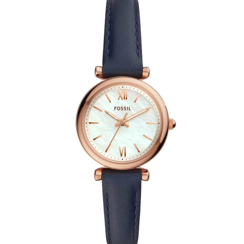 Fossil Carlie Mini ES4502 rose gold-tone quartz watch with white mother-of-pearl dial and navy blue leather strap