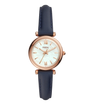 Fossil Carlie Mini ES4502 rose gold-tone quartz watch with white mother-of-pearl dial and navy blue leather strap