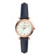 Fossil Carlie Mini ES4502 rose gold-tone quartz watch with white mother-of-pearl dial and navy blue leather strap