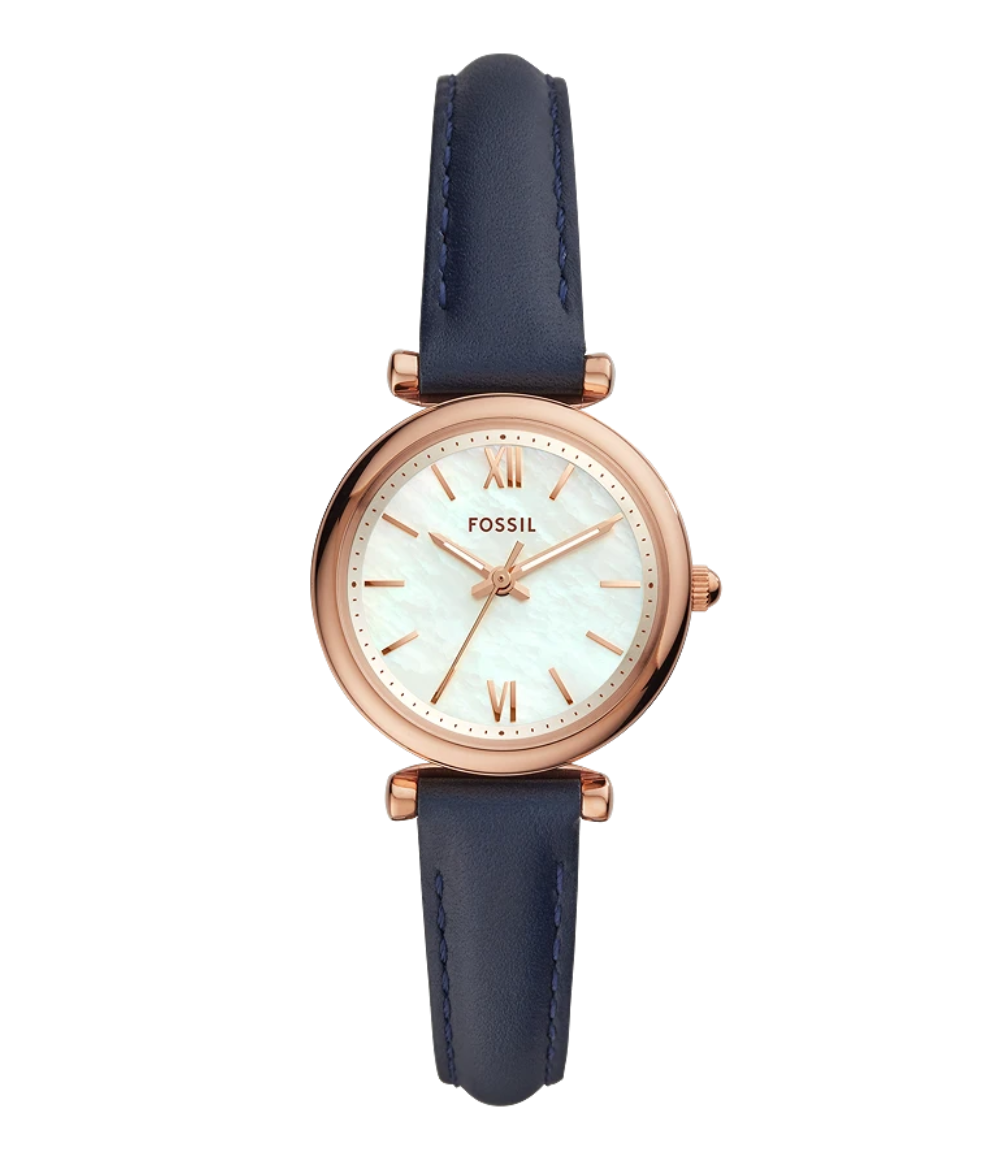 Fossil Carlie Mini ES4502 rose gold-tone quartz watch with white mother-of-pearl dial and navy blue leather strap