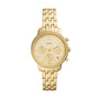 Fossil Neutra Chronograph ES5219 ladies watch with gold-tone stainless steel case and bracelet, crystal-set bezel, and sunray dial with chronograph sub-dials