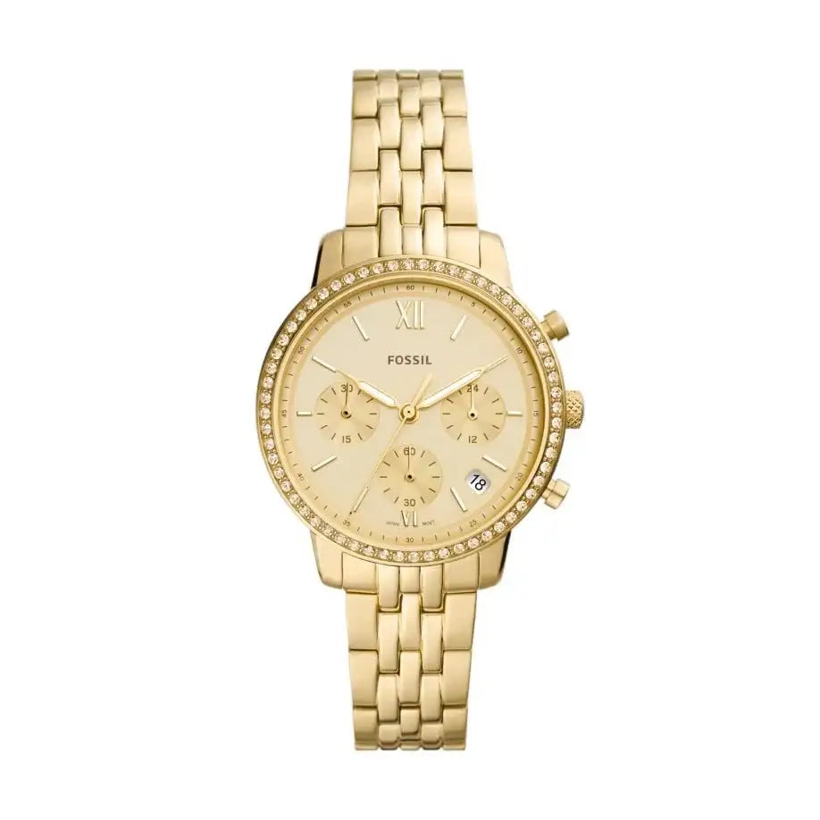 Fossil Neutra Chronograph ES5219 ladies watch with gold-tone stainless steel case and bracelet, crystal-set bezel, and sunray dial with chronograph sub-dials