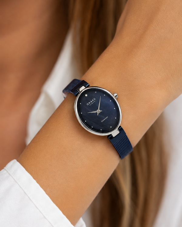 Obaku V312LXCLML Quartz Oval Blue Dial Diamond Ladies Watch (V312LXCLML)