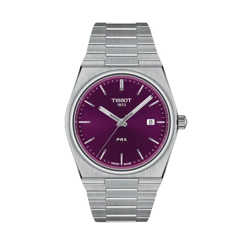 Tissot PRX 40mm quartz watch with purple dial, tonneau-shaped stainless steel case and integrated steel bracelet, reference T137.410.11.401.00