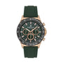 Daniel Klein Exclusive DK113853-3 multifunction chronograph watch with green dial, rose gold case, black bezel, and dark green silicone strap