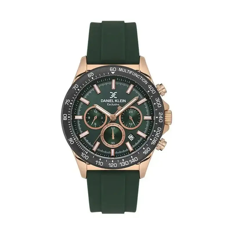 Daniel Klein Exclusive DK113853-3 multifunction chronograph watch with green dial, rose gold case, black bezel, and dark green silicone strap