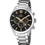 Festina Timeless Chronograph F20343/4 stainless steel watch with black dial, rose gold indices, and three chronograph sub-dials on metal bracelet