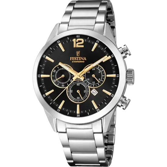 Festina Timeless Chronograph F20343/4 stainless steel watch with black dial, rose gold indices, and three chronograph sub-dials on metal bracelet