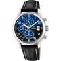 Festina Timeless Chronograph F20375/7 quartz watch with blue gradient dial, black leather strap, 43mm stainless steel case, and chronograph sub-dials