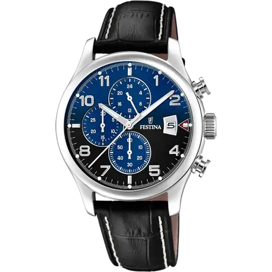 Festina Timeless Chronograph F20375/7 quartz watch with blue gradient dial, black leather strap, 43mm stainless steel case, and chronograph sub-dials