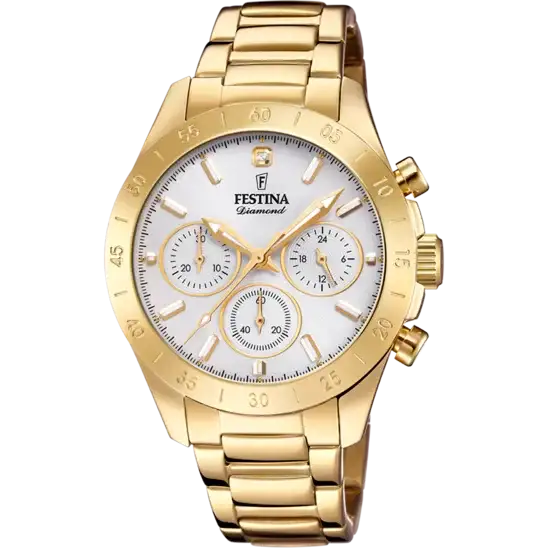 Festina Boyfriend Chronograph F20400/1 gold-tone stainless steel ladies watch with white dial and integrated bracelet