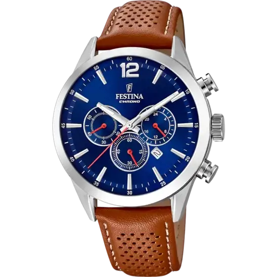 Festina Timeless Chronograph F20542/3 blue dial quartz watch with stainless steel case and perforated brown leather strap