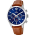 Festina Timeless Chronograph F20542/3 blue dial quartz watch with stainless steel case and perforated brown leather strap