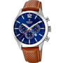 Festina Timeless Chronograph F20542/3 blue dial quartz watch with stainless steel case and perforated brown leather strap