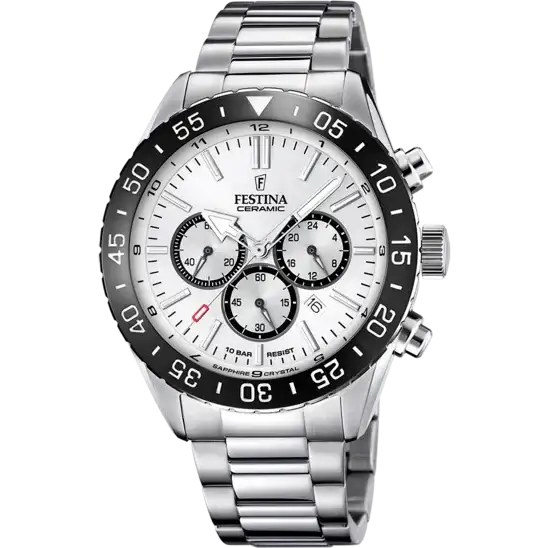 Festina Ceramic F20575/1 chronograph watch with white dial, black ceramic bezel, and stainless steel bracelet on white background