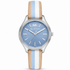 Michael Kors Lexington MK2807 quartz watch with 36mm stainless steel case, blue chevron textured dial, coin-edge bezel, and multi-colour striped leather strap