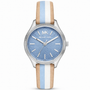Michael Kors Lexington MK2807 quartz watch with 36mm stainless steel case, blue chevron textured dial, coin-edge bezel, and multi-colour striped leather strap