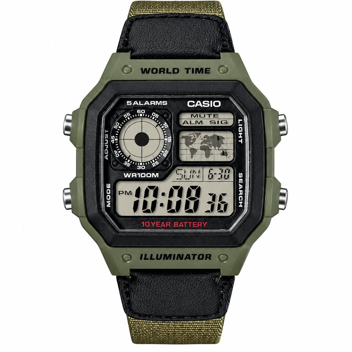 Casio AE-1200WHB-3B digital watch front view with green resin bezel