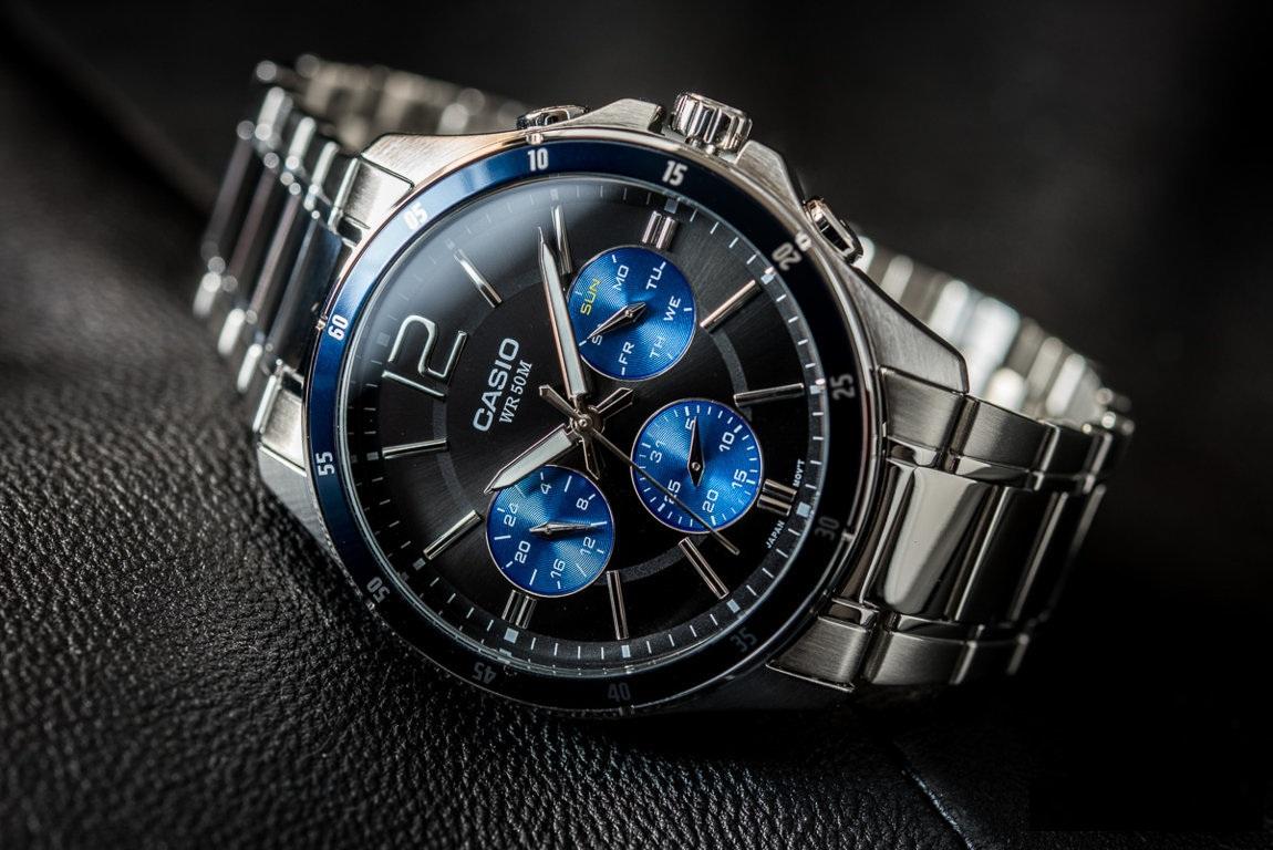 Casio MTP-1374D-2AVDF Quartz Blue & Black Dial Stainless Steel Watch with Day-Date