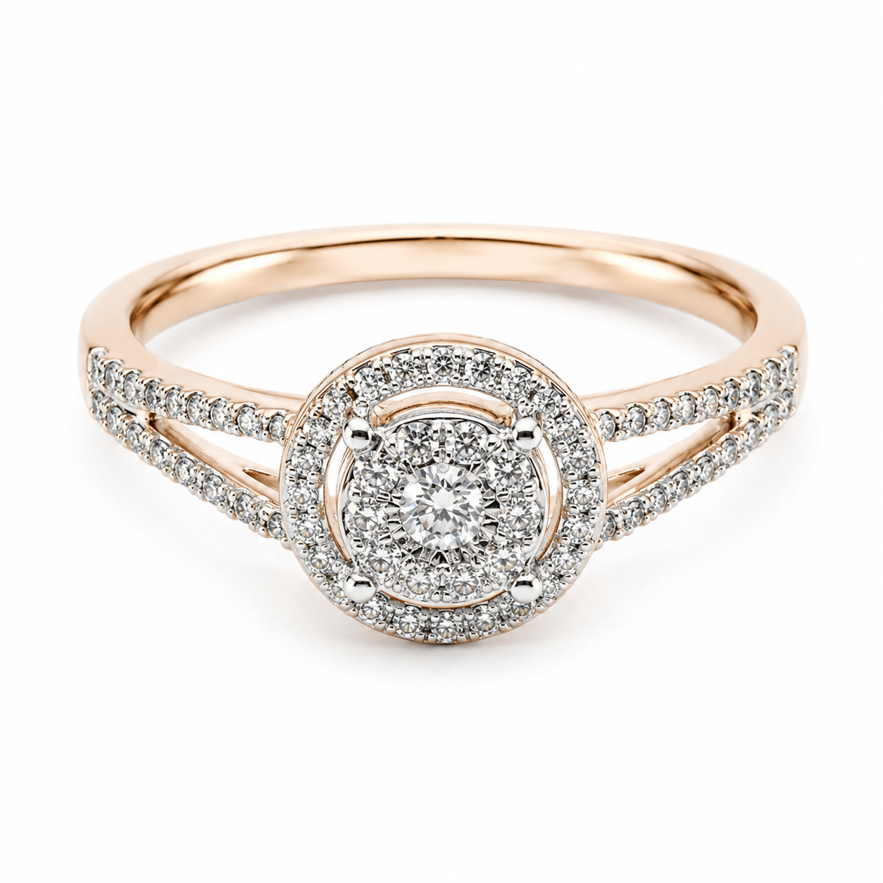 9ct rose gold diamond cluster halo engagement ring with split shoulder pavé band by Cassim & Co