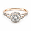 9ct rose gold diamond cluster halo engagement ring with split shoulder pavé band by Cassim & Co
