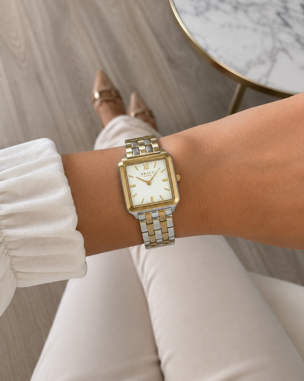 Obaku Graf Butter Quartz Two-Tone Square White Dial Watch (V309LXFWSF)